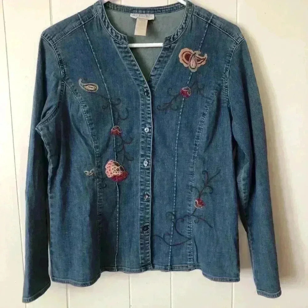 J.Jill Denim Button Down Embroidered Cotton Top Shirt Size M